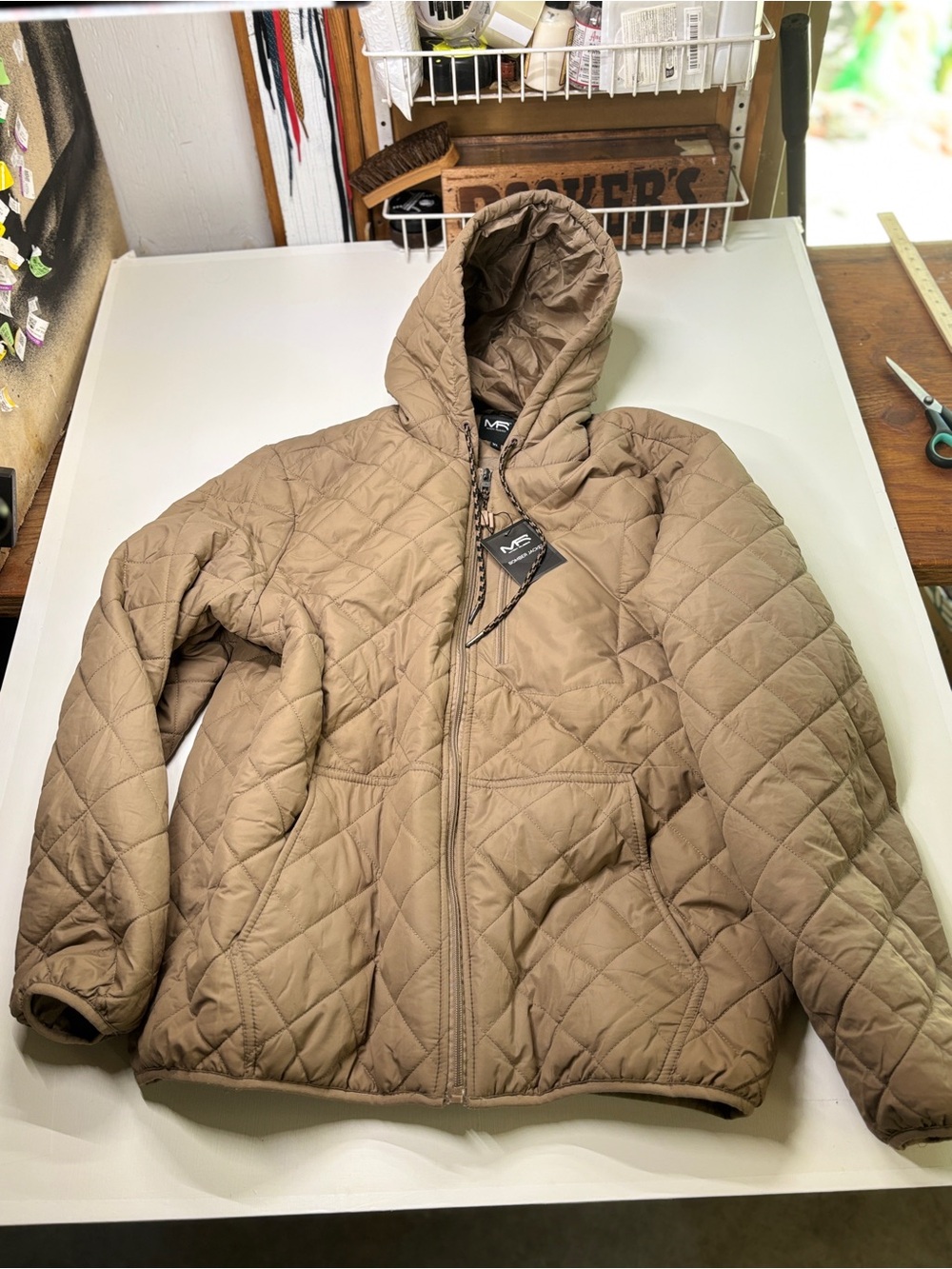 Mack Russo Men’s XL Tan Quilted Hooded Bomber Jacket Full Zip